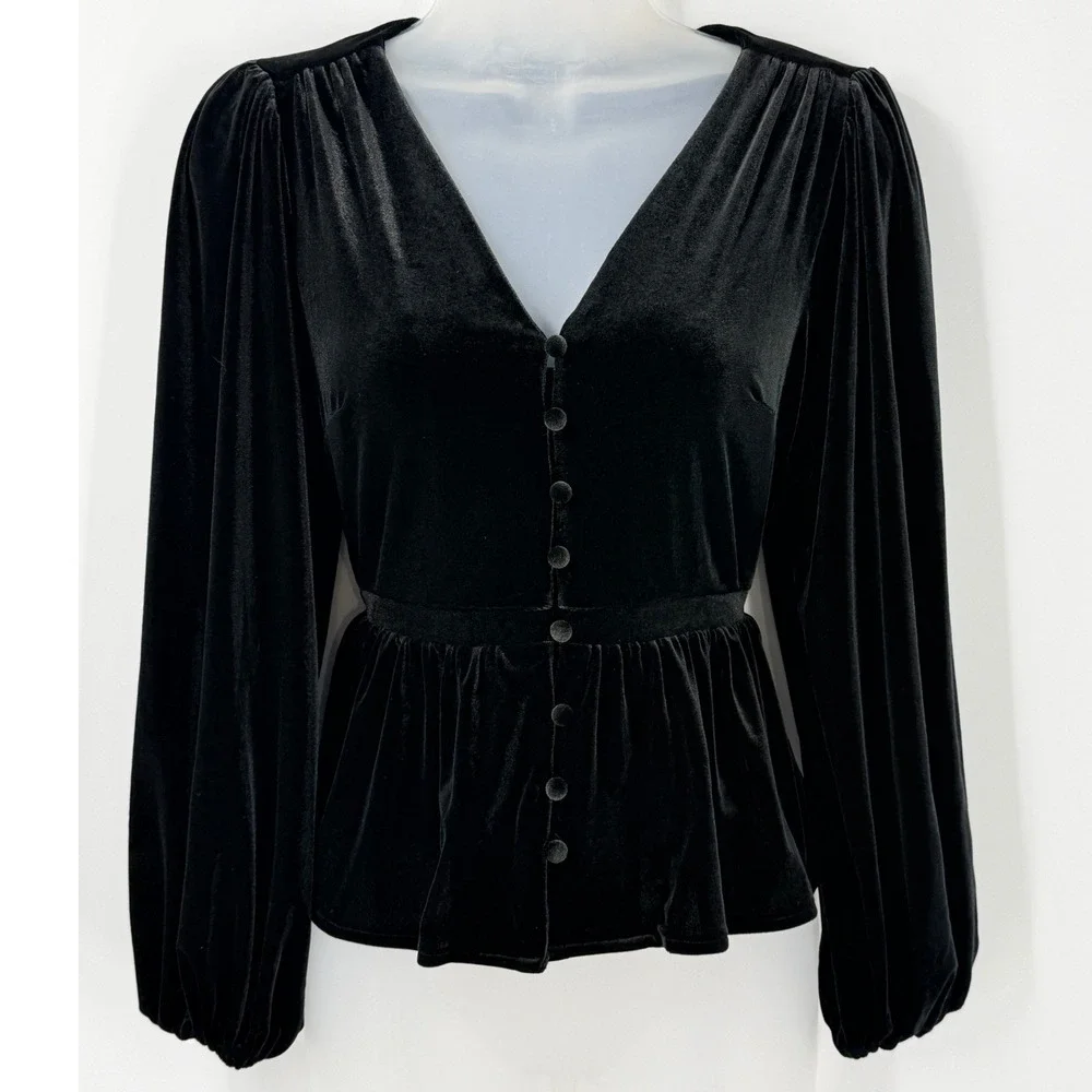 Whimsigoth Black Velvet Peplum Top Buttons Puff Sleeve womens sz XS witchy goth